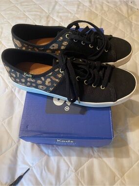 Keds Black Canvas Sneakers with Leopard Heel Accent